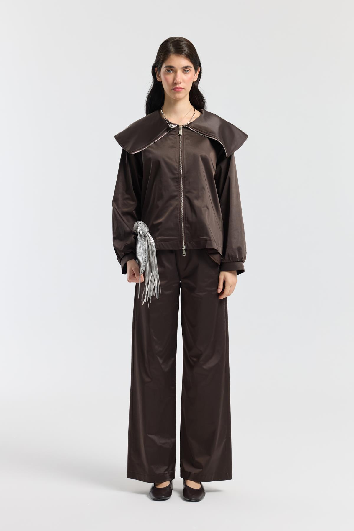 Sunday Denizci Yaka Saten Takım - Kahverengi