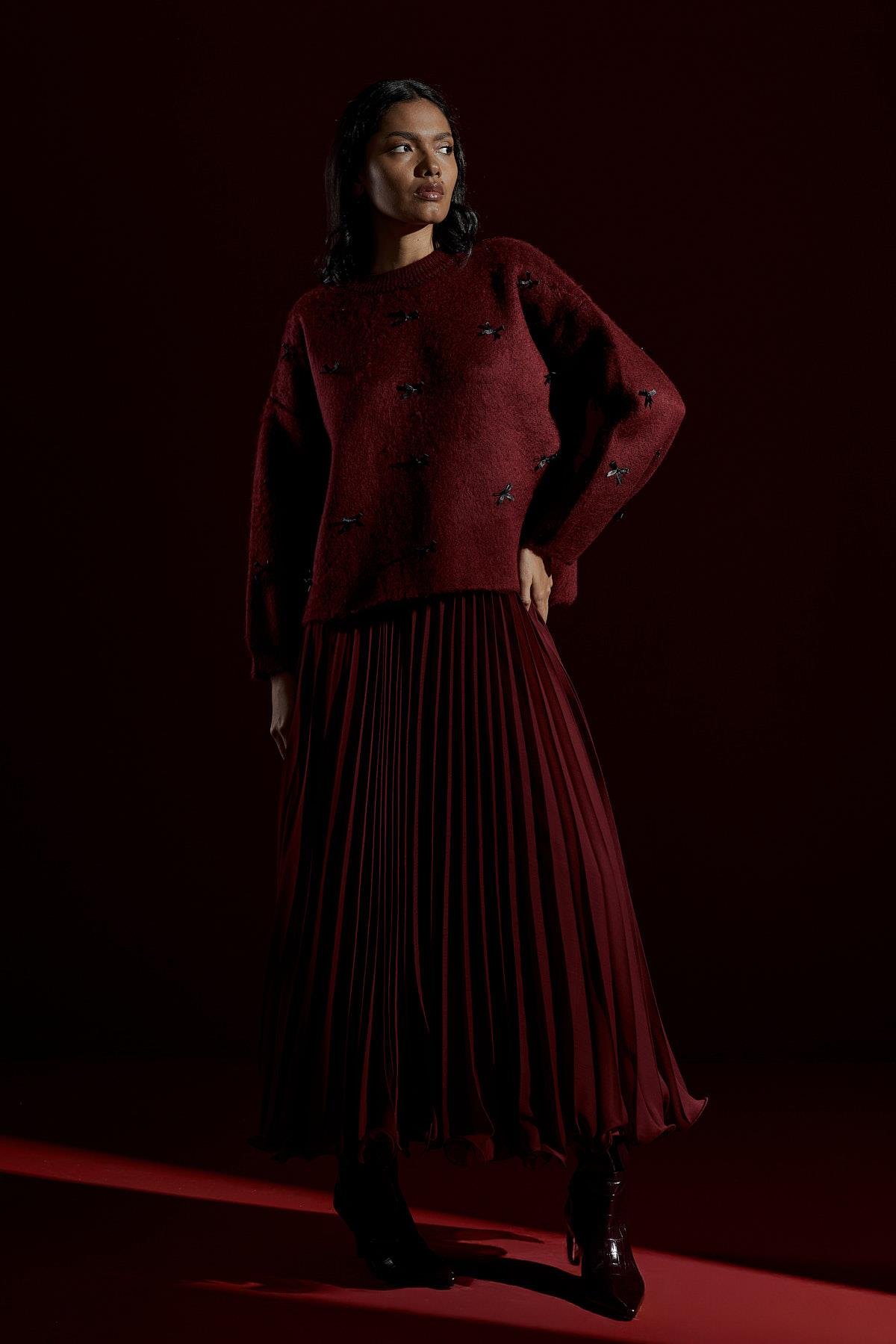 Tiana Maxi Boy Şifon Piliseli Etek- Bordo