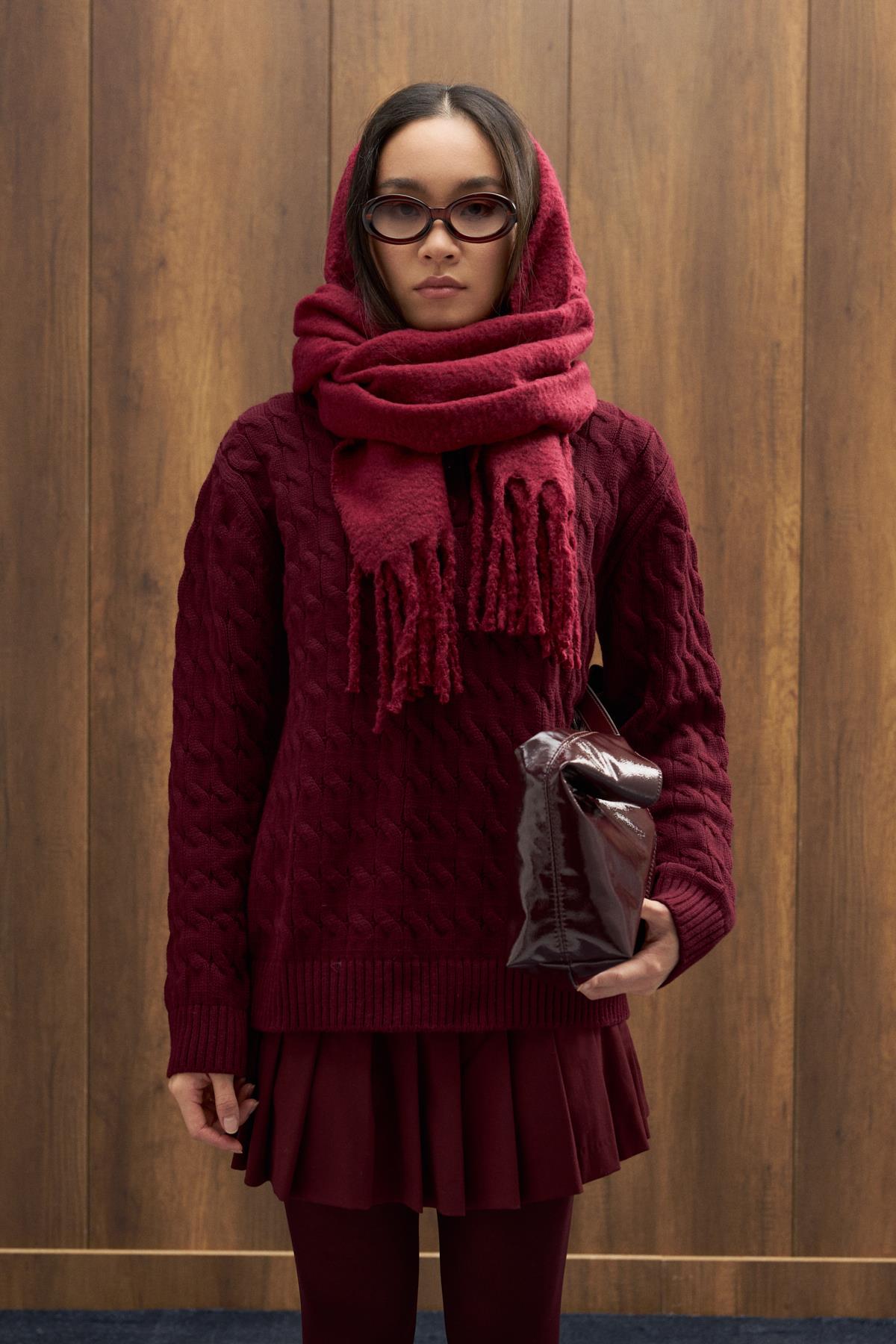 Tory Saç Örgülü Basic Kazak - Bordo 