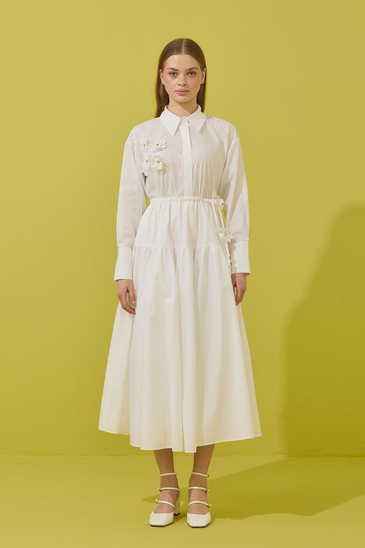 Vanessa Çiçek İşlemeli Taşlı Poplin Takım - Beyaz