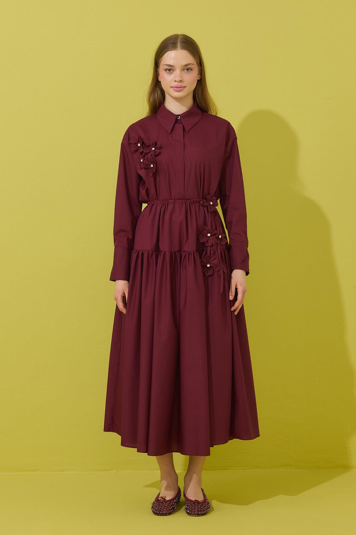 Vanessa Çiçek İşlemeli Taşlı Poplin Takım - Bordo 