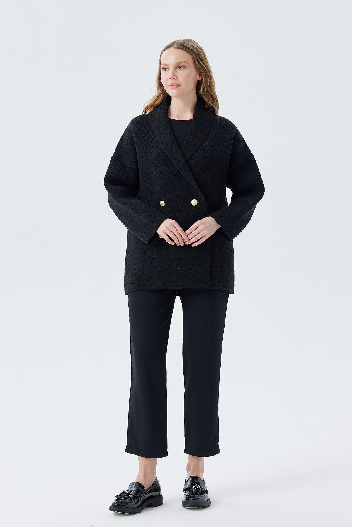 VENÜS GOLD DÜĞME DETAYLI KRUVAZE ÖRME CEKET - SİYAH