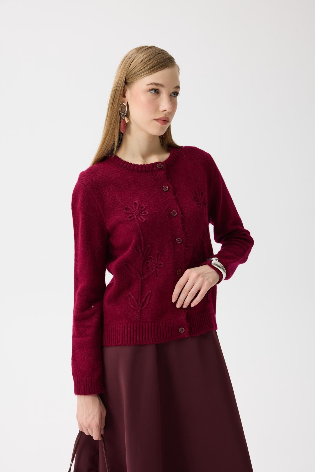 Vera Çiçek Motifli Hırka - Bordo 