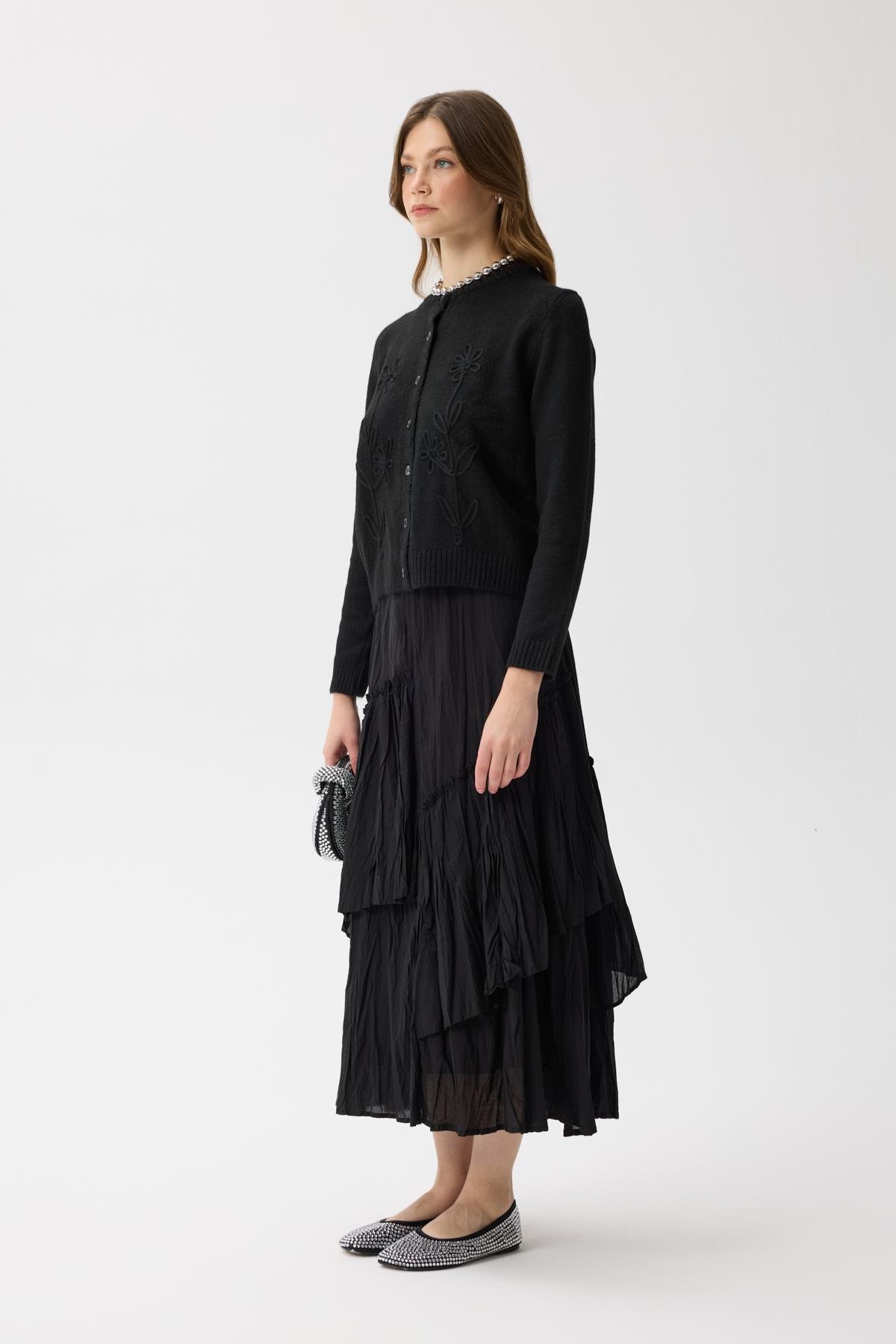 Vera Çiçek Motifli Hırka - Siyah 