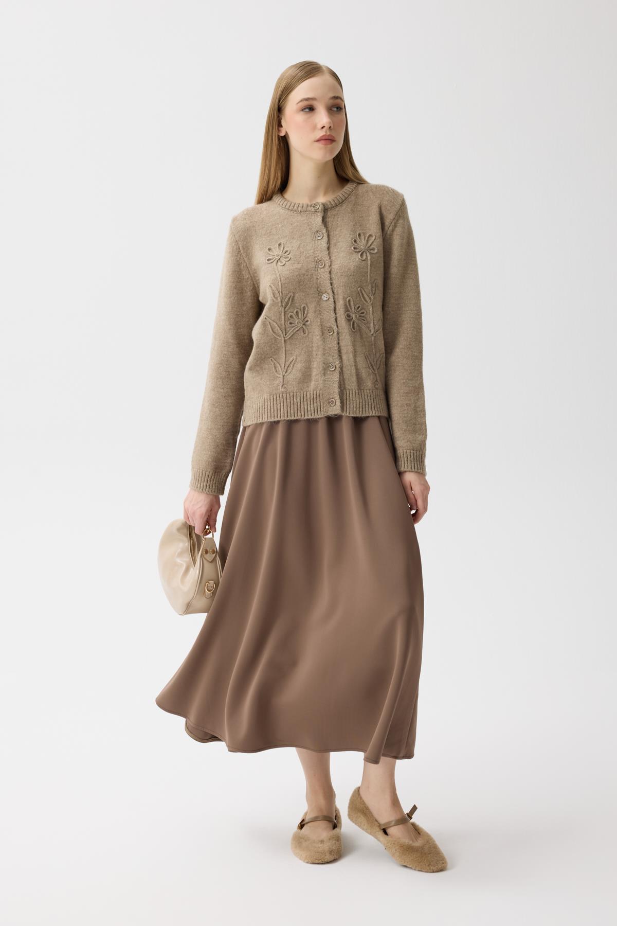 Vera Çiçek Motifli Hırka - Vizon 