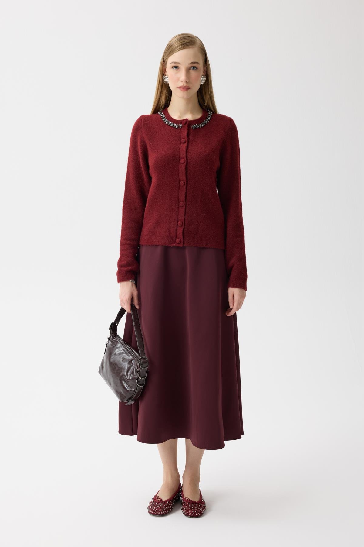 Victoria Yaka Taşlı Yünlü Hırka - Bordo 