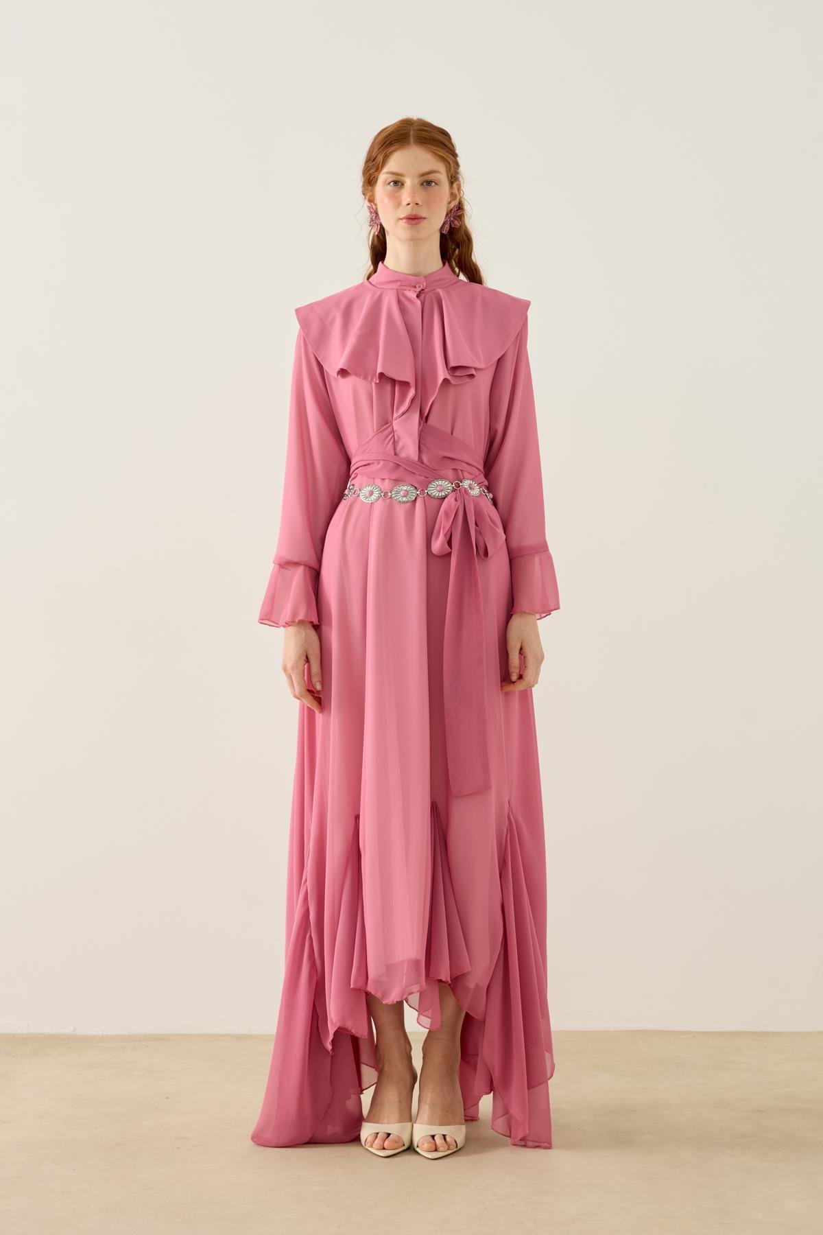 Violetta Volanlı Şifon Elbise - Pembe