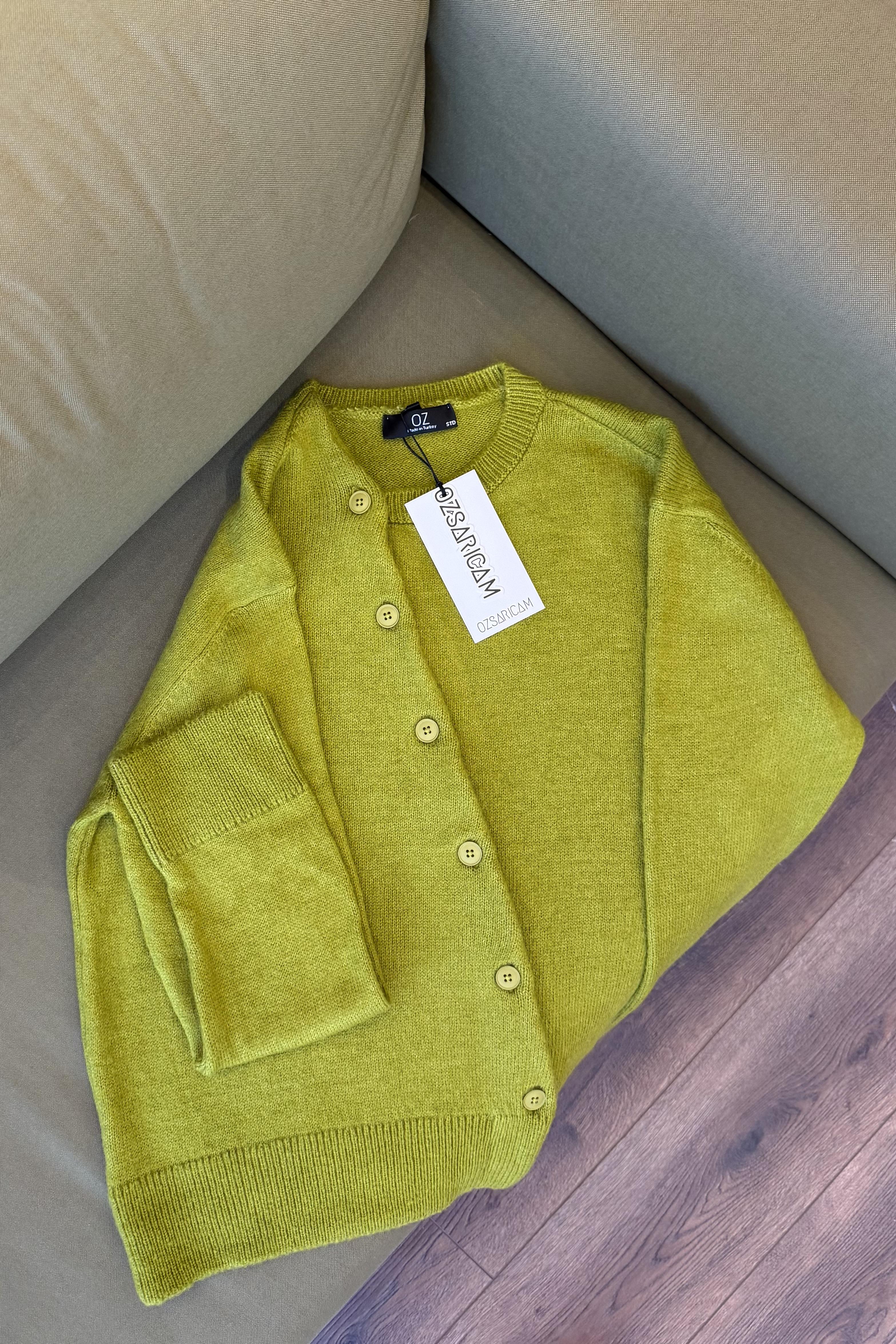 Yue Asimetrik Patlı Triko Hırka - Zeytin Yeşil