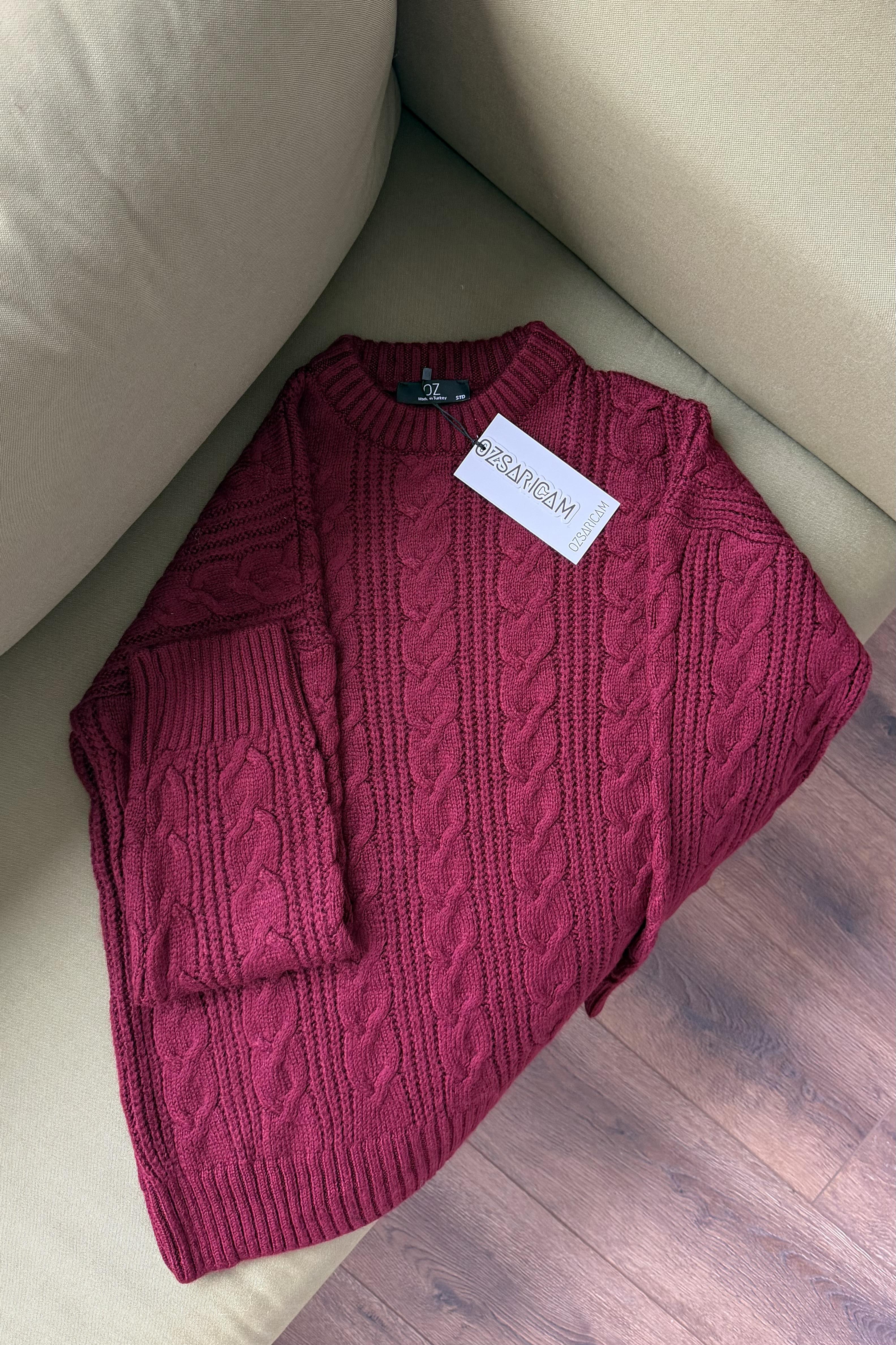 Zoya Saç Örgülü Kazak - Bordo