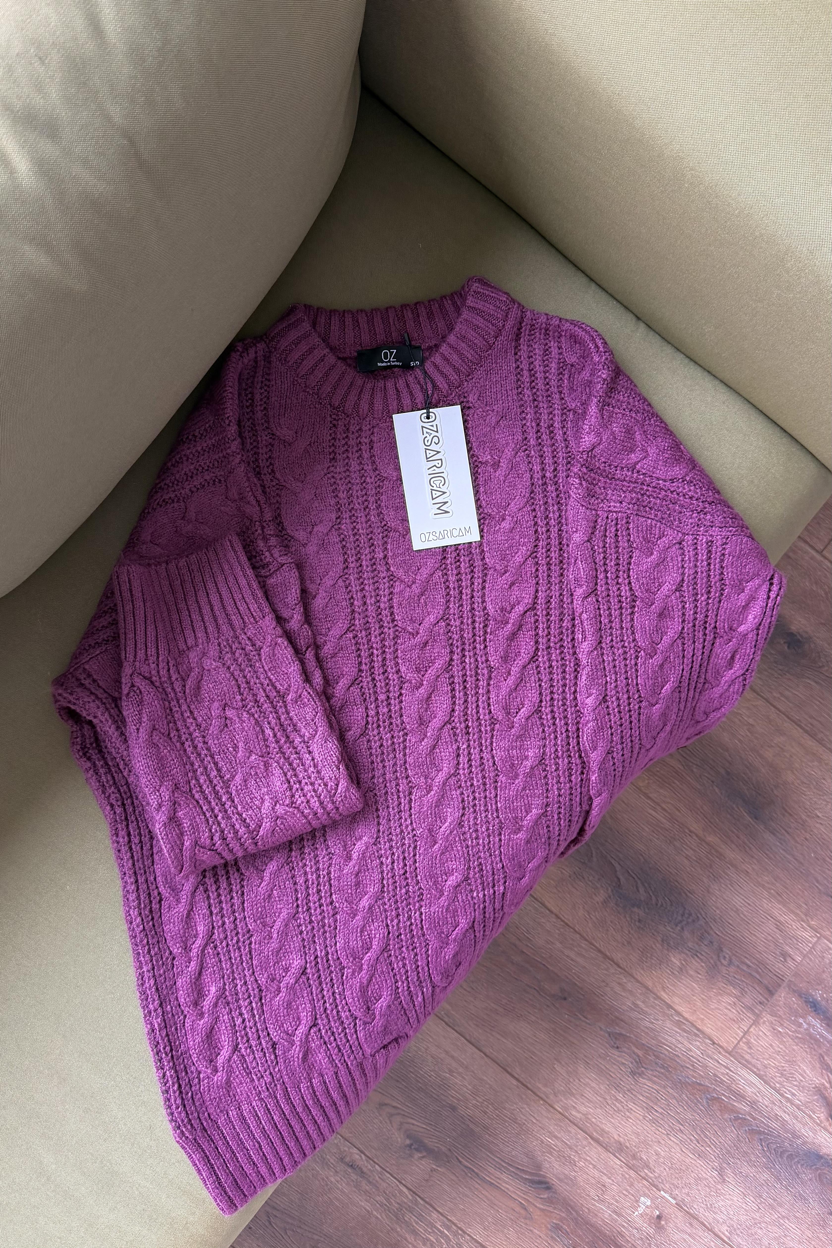 Zoya Saç Örgülü Kazak - Eflatun