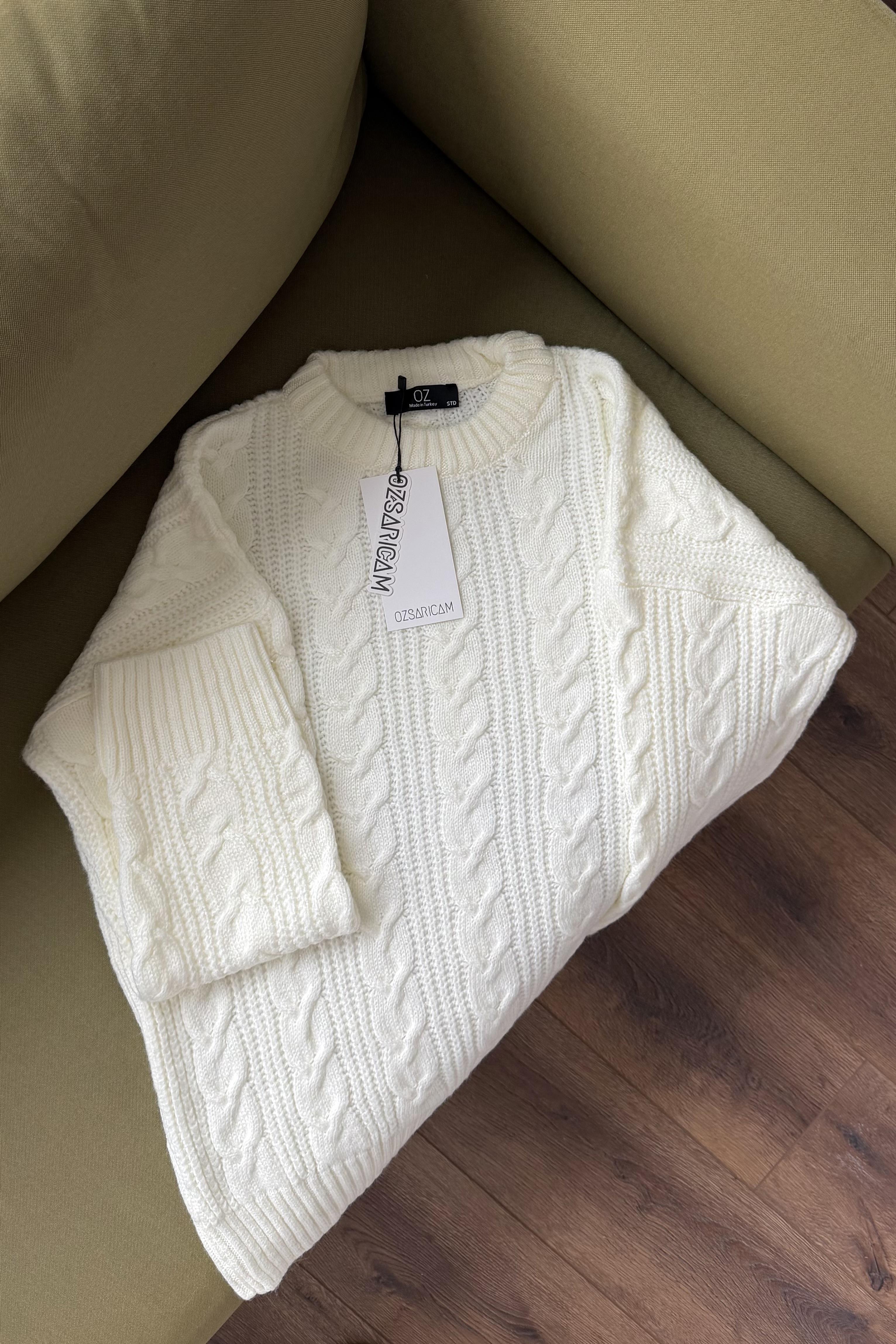 Zoya Saç Örgülü Kazak - Ekru