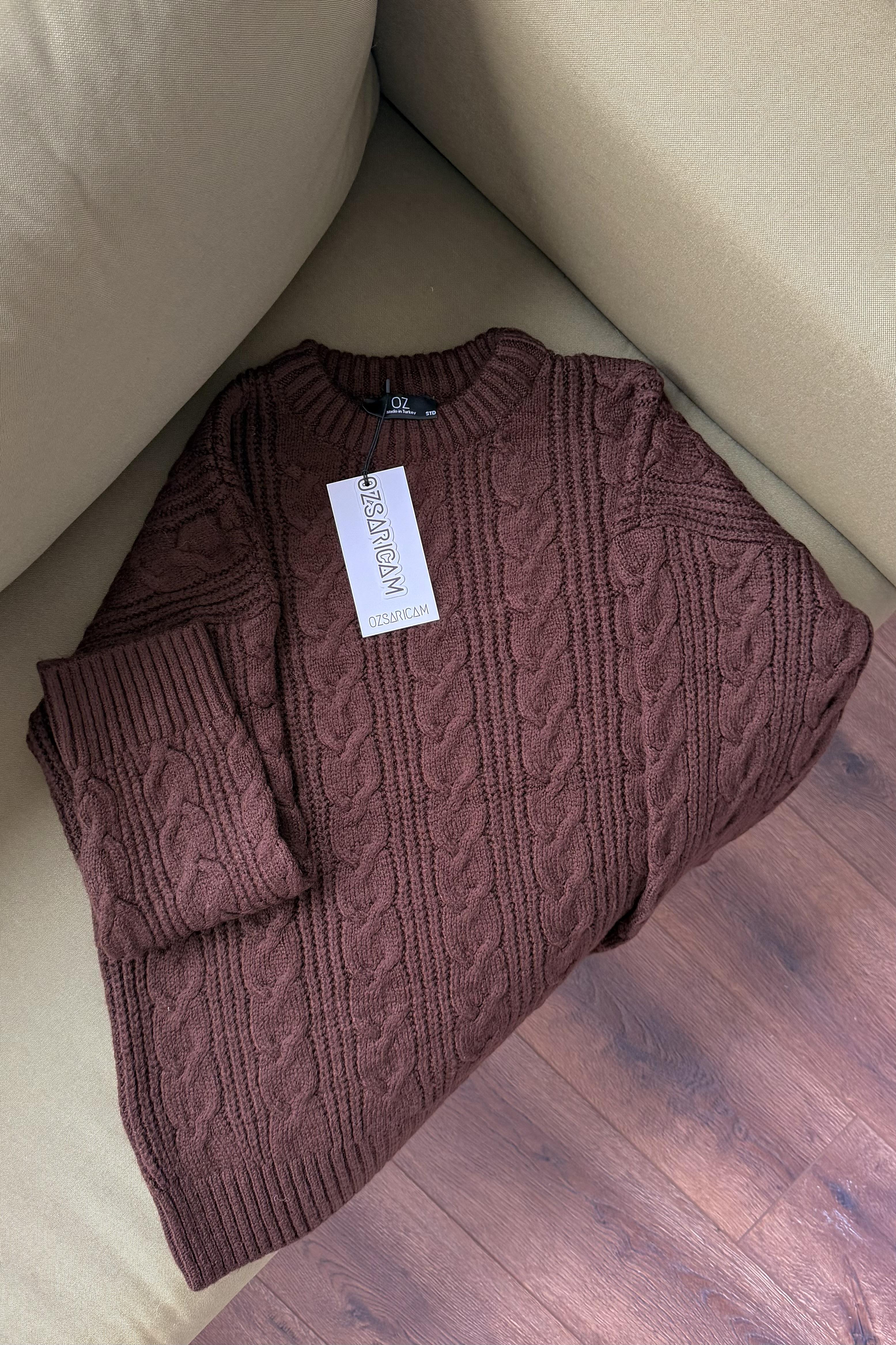 Zoya Saç Örgülü Kazak - Kahverengi