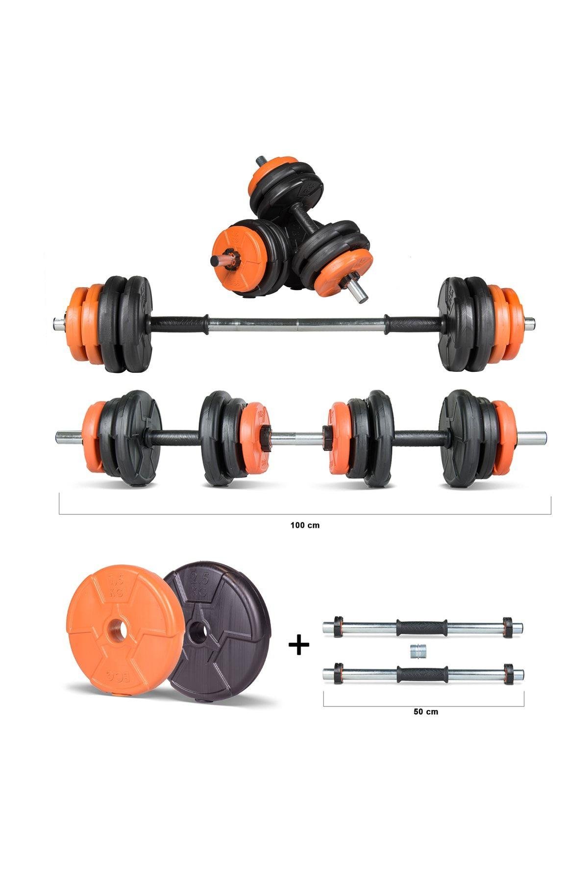 Ecgspor 17 KG Multifonksiyonel Turuncu Siyah Halter Seti ve Dambıl Seti
