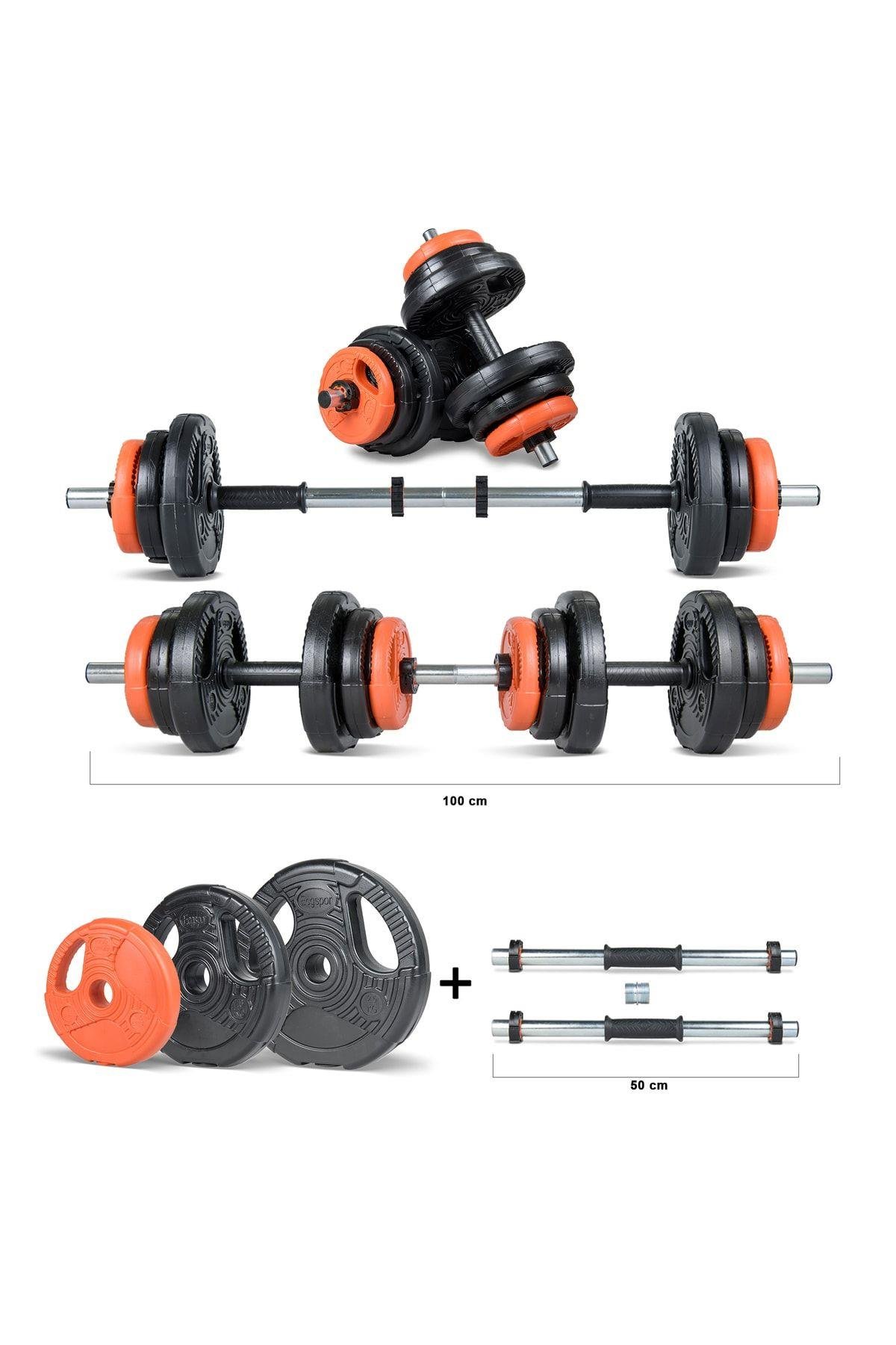 Ecgspor YILDIZ Serisi 22 KG Multifonksiyonel Turuncu Siyah Halter Seti ve Dambıl Seti