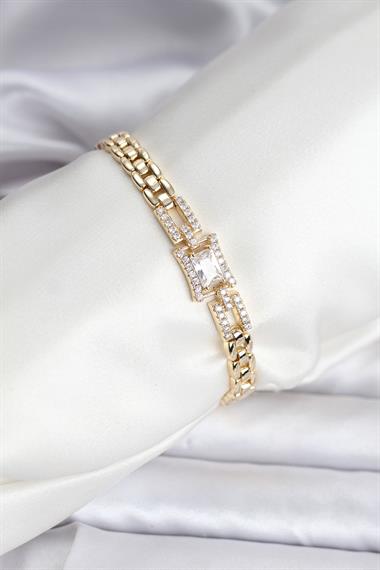 14K Gold Renk Kaplama Zirkon Kare Taşlı CM Kadın Bileklik
