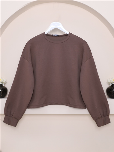 2 İplik Oversize Crop Sweat -Kahve