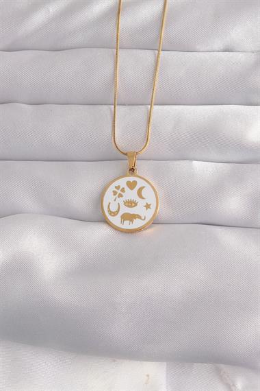 316L Çelik Gold Renk Beyaz Mineli Karışık Figürlü Tarot Kolye