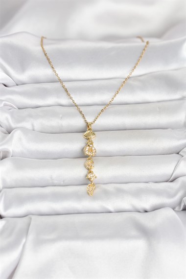 316L Çelik Gold Renk Deniz Temalı Y Model Zirkon Taşlı Kadın Kolye