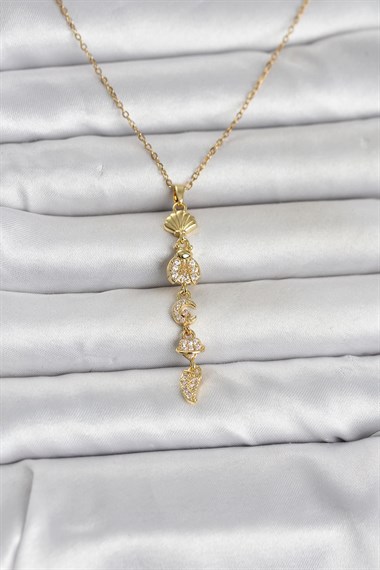 316L Çelik Gold Renk Deniz Temalı Y Model Zirkon Taşlı Kadın Kolye