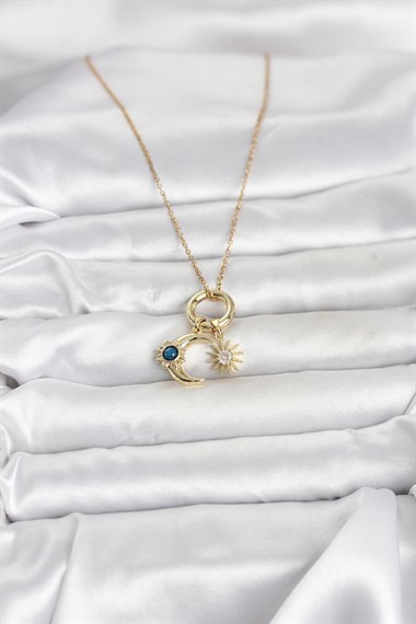 316L Çelik Gold Renk Gece Gündüz Tema Charmlı Kadın Kolye