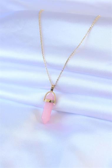 316L Çelik Gold Renk Kristal Pembe Taş Model Kadın kolye
