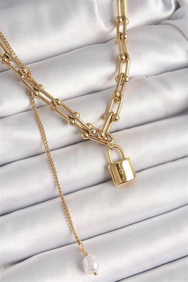 316L Çelik Gold Renk Tiffany Zincir Model Kilit Figür Sallantı İnci Detay Kadın Kolye