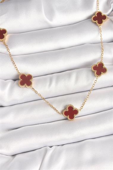 316L Çelik Gold Renk Zincir Bordo Yonca Model Kadın Kolye
