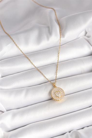 316L Çelik Gold Renk Zincir Madalyon Zirkon Taşlı Kalp Model Kadın Kolye