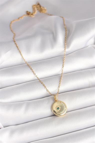 316L Çelik Gold Renk Zincir Zirkon Taş İşlemeli Hilal Yıldız İşlemeli Madalyon Model Kadın Kolye