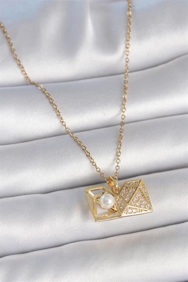 316L Çelik Gold Renk Zincir Zirkon Taşlı Açılır İncili Elmas Model Kadın Kolye