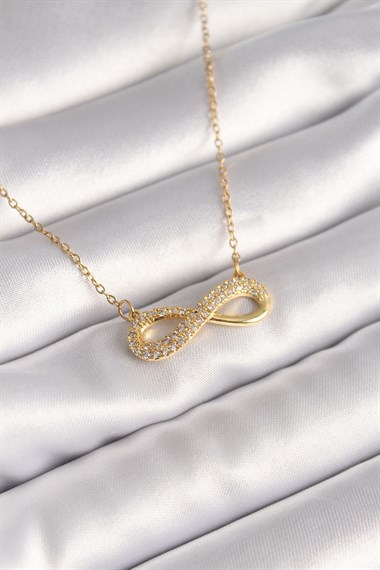 316L Çelik Gold Renk Zincir Zirkon Taşlı Sonsuzluk Model Kadın Kolye