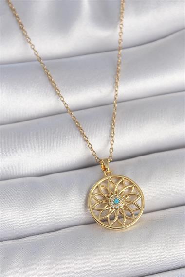316L Çelik Gold Renk Zincr Mavi Taşlı Lotus Model Kadın Kolye