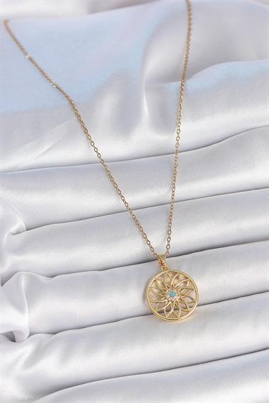 316L Çelik Gold Renk Zincr Mavi Taşlı Lotus Model Kadın Kolye