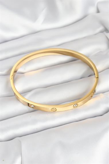 316L Çelik Gold Renk Zirkon Taşlı 65 mm Kadın Kelepçe Bileklik