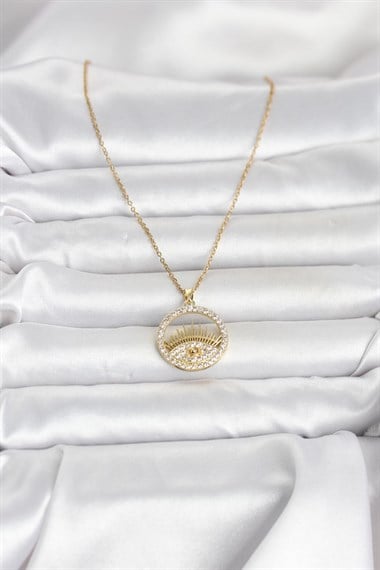 316L Çelik Gold Renk Zirkon Taşlı Göz Model Kadın Kolye