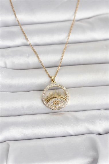 316L Çelik Gold Renk Zirkon Taşlı Göz Model Kadın Kolye
