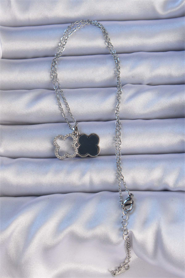 316L Çelik Gümüş Renk Siyah Mineli Zirkon Taşlı Yonca Figürlü Kolye