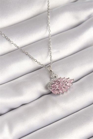 316L Çelik Gümüş Renk Zincir Pembe Zirkon Taşlı Kuğu Model Kadın Kolye