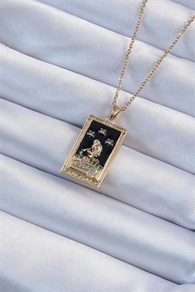 316L Çelik Zincir Altın Renk Zirkon Taşlı Siyah Mineli Kız Figürlü Tarot Kolye