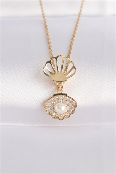 316L Çelik Zincir Altın Renk Zirkon Taşlı İnci Detay İstiridye Kolye