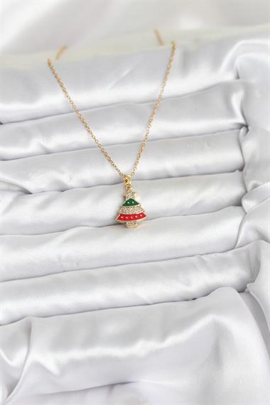 316L Çelik Zincir Gold Ren Çam Ağacı Model Zirkon Taşlı Yılbaşı Temalı Kadın Kolye