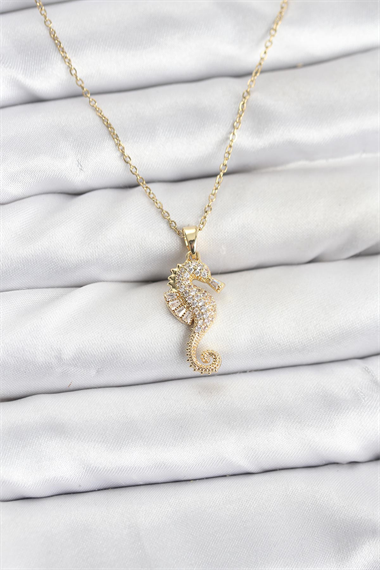 316L Çelik Zincir Gold Renk Deniz Atı Model Zirkon Taşlı Kadın Kolye