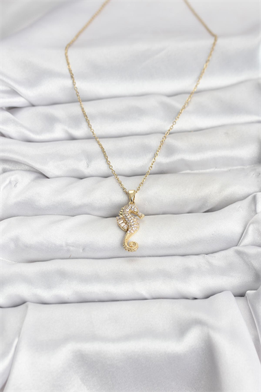 316L Çelik Zincir Gold Renk Deniz Atı Model Zirkon Taşlı Kadın Kolye