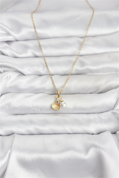 316L Çelik Zincir Gold Renk Deniz Kabuğu ve Deniz Yıldızı Model Zirkon Taşlı Kadın Kolye