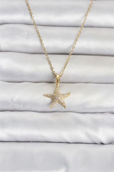 316L Çelik Zincir Gold Renk Deniz Yıldızı Model Zirkon Taşlı Kadın Kolye