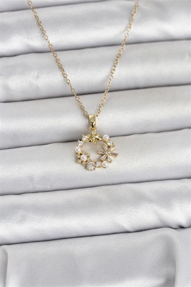 316L Çelik Zincir Gold Renk İncili Çiçek Model Kadın Koyle