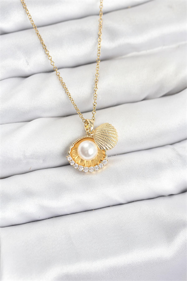 316L Çelik Zincir Gold Renk İncili Deniz Kabuğu Model Zirkon Taşlı Kadın Kolye