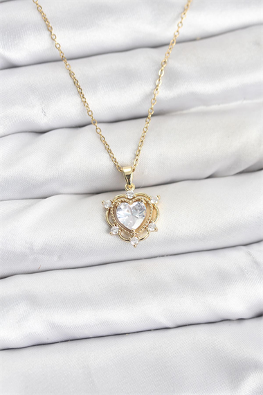 316L Çelik Zincir Gold Renk Kalp Model Zirkon Taşlı Kadın Kolye