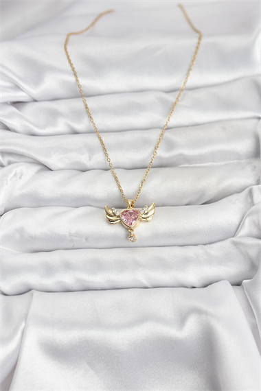 316L Çelik Zincir Gold Renk Kanatlı Kalp Model Zirkon Taşlı Kadın Kolye