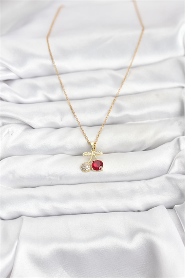 316L Çelik Zincir Gold Renk Kiraz Model Zirkon Taşlı Kadın Kolye